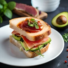 Toast with vegetables and ham on a neutral background created and generated by AI