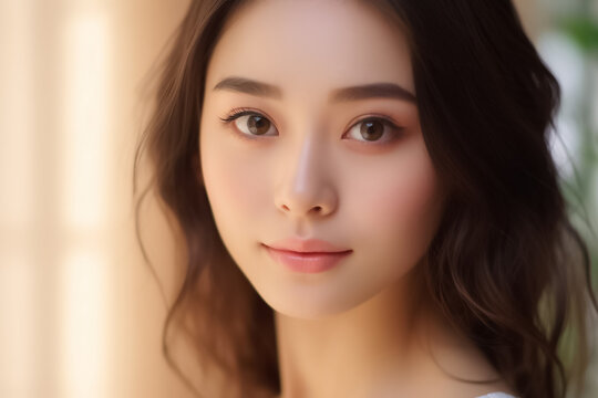 A hyper-realistic close-up of a beautiful Asian woman mesmerizes, her smooth skin radiating under the studio light against a pristine blur background. Generative AI.