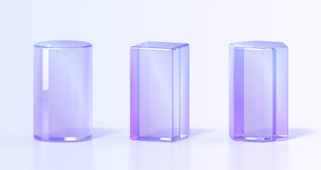 Glass rainbow pedestals or crystal podium 3d render icons set. Abstract geometric empty museum stages with hologram gradient texture, exhibit displays, stands for product presentation. 3D illustration