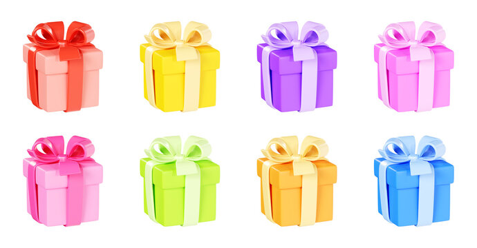 Gift box 3d render illustration set - collection of various color present packages with ribbon and bow.