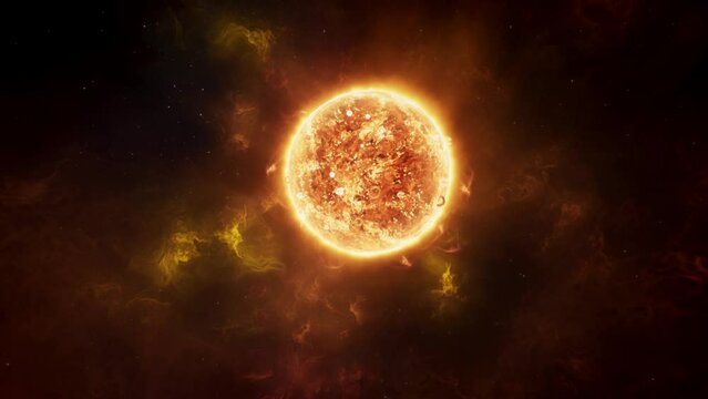Star of our solar system 3D animation. Camera flies by, reveals nebula gases erupting from the Sun's surface. Solar flares and coronal mass ejections unleash a torrent of searing hot gases into space.