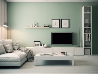 Minimal style living room in the style of green pastel, and white design with a TV, a lamp, a sofa, and wall decorations of picture frames. Generative AI