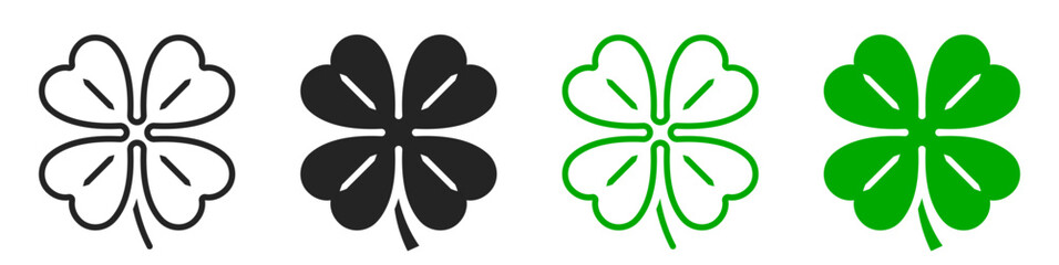 Luck four leaf clover icon set. Green shamrock, cloverleaf, luck, clover symbols. Leafs collection.