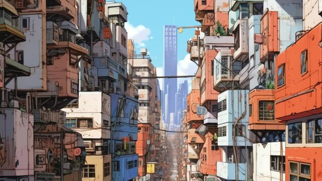 cyberpunk slum city day light suitable for anime footage
