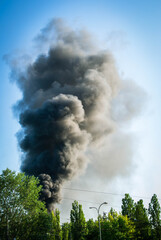 Emergency helicopter recharging water to extinguish a forest fire thick black smoke rises into the blue sky. Smoke from fire. Disaster. High quality photo