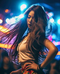 Obraz na płótnie Canvas Close up of a young Korean woman dancing at a concert. Generative AI.