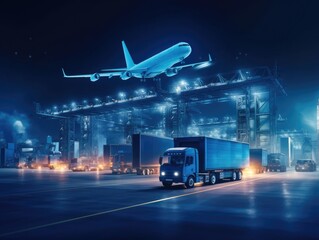Business logistics and transportation concepts of container trucks, ships in port, and freight cargo planes in transport and import-export commercial logistics. Generative AI