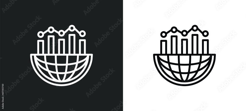 Poster globe analytics line icon in white and black colors. globe analytics flat vector icon from globe ana