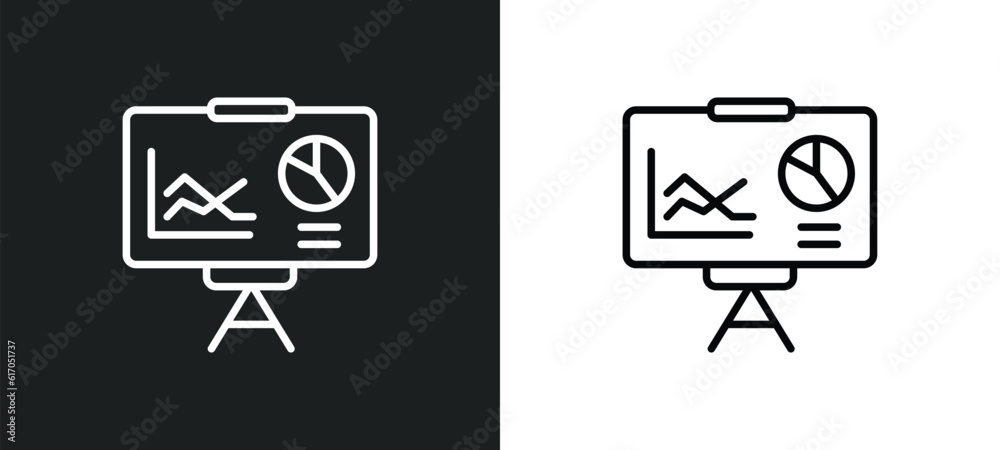 Poster statistics presentation line icon in white and black colors. statistics presentation flat vector ico