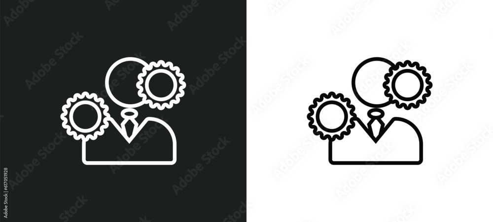 Poster man with solutions line icon in white and black colors. man with solutions flat vector icon from man