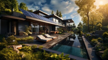 Obraz premium Sunlit Escape: A Solar-Powered Haven with a Nature-Immersed Pool