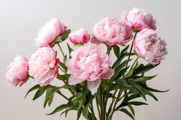 Pink peonies, beautiful bouquet on grey background, Generative AI