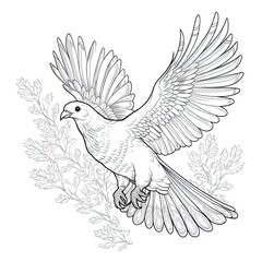Pigeon animal line art illustration. Black and white coloring page style art. Generative AI