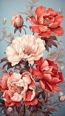 Peony flower illustration. Floral vintage greeting card background. Generative AI
