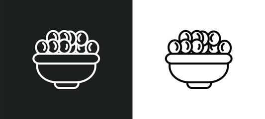 bowl of olives line icon in white and black colors. bowl of olives flat vector icon from bowl of olives collection for web, mobile apps and ui.