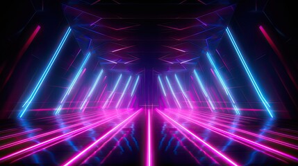 An enchanting neon stage design with radiating starbursts of light, emanating a magical and enchanting glow. Abstract futuristic neon light background. Generative AI