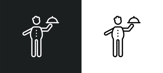 waiter with food tray line icon in white and black colors. waiter with food tray flat vector icon from waiter with food tray collection for web, mobile apps and ui.