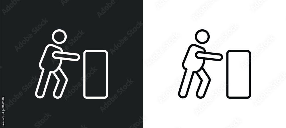 Poster man pushing line icon in white and black colors. man pushing flat vector icon from man pushing colle