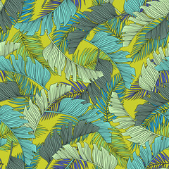 Fototapeta na wymiar Tropical leaf seamless pattern. Colorful vivid print with beautiful palm jungle leaves. Repeated luxury design for packaging, cosmetic, fashion, textile, wallpaper. Realistic high quality illustration