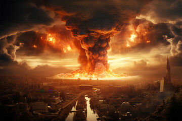 Concept of detonation of nuclear bomb in the city, with mushroom cloud rising above the horizon