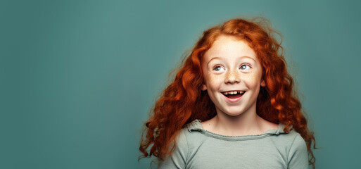 Fototapeta premium Smiling small ginger red curly hair girl with freckles. She seems cute and innocent, but is probably little rascal. Looks to left side empty copy space. Generative AI
