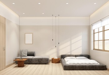 Modern japan style tiny room decorated with sofa and coffee table, bed and window, side table and hanging lamp. 3d rendering