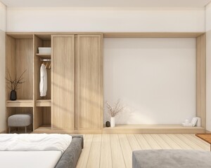 Modern japan style tiny room decorated with wood wardrobe and dressing table, Built-in TV shelf and white wall. 3d rendering
