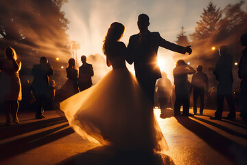 bride and groom dancing in the evening at the wedding - obrazy, fototapety, plakaty