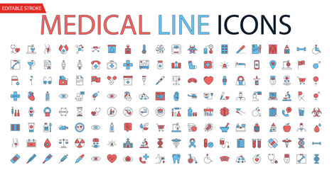 Fototapeta na wymiar Medical Vector Icons Set. Line Icons, Sign and Symbols in Outline Fill Design Medicine and Health Care with Elements for Mobile Concepts and Web Apps. Collection Modern Infographic Logo and Pictogram