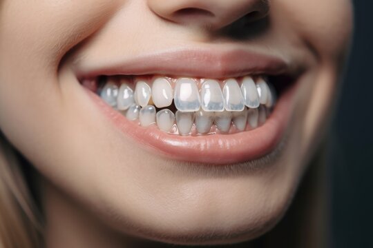 Clear aligners on white woman teeth. Generative ai