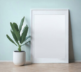 Blank Mock-up poster frame with green houseplant in a pot in a home interior with furniture. Nature concept Mock Up design template with picture frame for presentation or preview images. Ai Generated