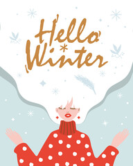 Fototapeta na wymiar Hello winter design with a young fair-haired cheerful girl and snowflakes