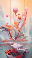 A whimsical abstract composition with floating elements and soft pastel hues, transporting the viewer to a world of imagination and wonder. Colorful illustration art. Generative AI