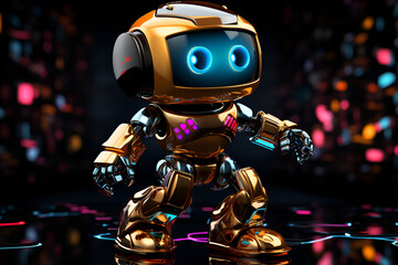 colorful, neon, orange robot dancing, lights in the background, disco for kids. AI generated.