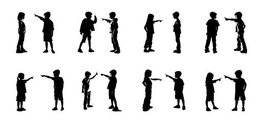 silhouette of two children quarreling, debating, pointing at each other, shouting, angry