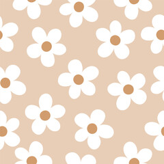 Beige seamless pattern with cute daisies