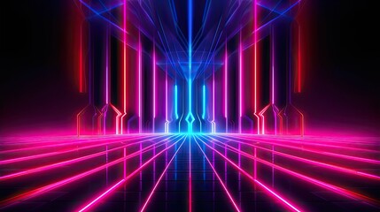 Fototapeta na wymiar An enchanting neon stage design with radiating starbursts of light, emanating a magical and enchanting glow. Abstract futuristic neon light background. Generative AI