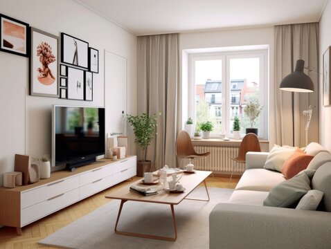 Scandinavian-style living room design with a modern television cabinet and wall decorations of picture frames. Generative AI