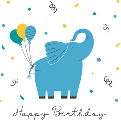 Happy birthday concept for a children's greeting card. Vector illustration with a cute elephant and balloons