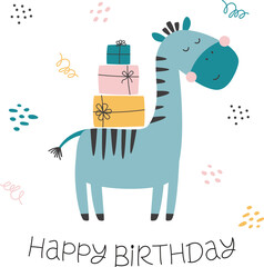 Happy birthday greeting card with a cute zebra and gifts. Template for greeting card, poster, invitation