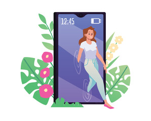 Woman retreating from social media walking out of the mobile phone huge screen and stepping into nature, Digital detox concept vector illustration