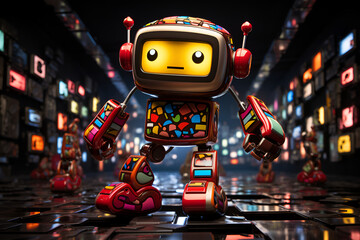 Fototapeta na wymiar colorful robot dancing in the street, lights in the background, disco for children. Generated AI