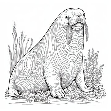 recommend clip art: Walrus animal line art illustration. Black and white coloring page style art. Generative AI