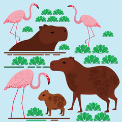 vector illustration of capybaras and flamingos