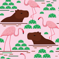 seamless pattern bright background capybaras and flamingos
