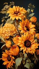 Sunflower flower illustration. Floral vintage greeting card background. Generative AI