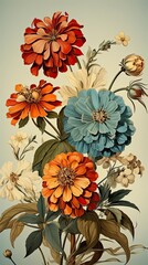 Zinnia flower illustration. Floral vintage greeting card background. Generative AI