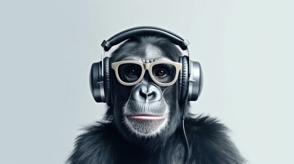 bonobo ape in headphones on white background, Generative AI - obrazy, fototapety, plakaty