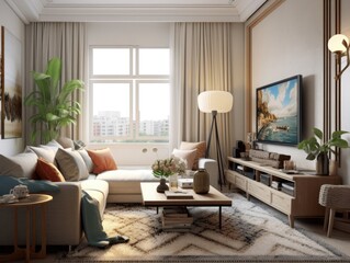 Living room Scandinavian style with a TV on the cabinet, a sofa, and expansive windows, decorate the room with green plants. Generative AI