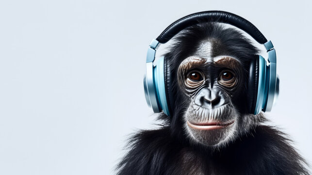 bonobo ape in headphones on white background, Generative AI